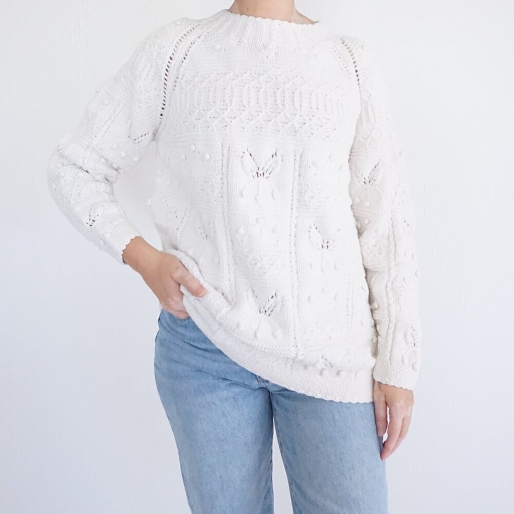 Vintage Style New York Handknit Cotton Sweater Cream Cottagecore Grandmacore S